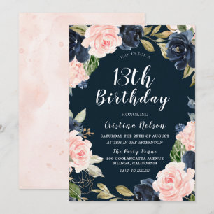 Navy Blush Floral Girls Boys 13th Birthday Party Invitation
