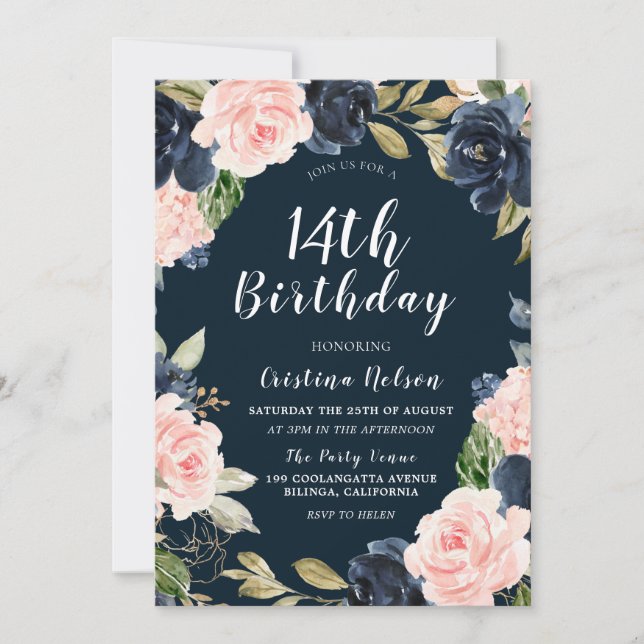 Navy Blush Floral Girls Boys 14th Birthday Party Invitation (Front)