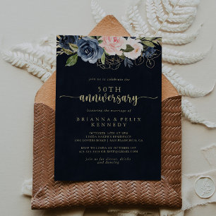 Navy Blush Floral Gold 50th Wedding Anniversary  Invitation