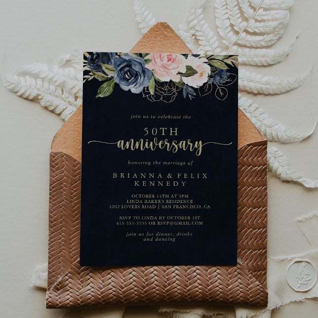 Navy Blush Floral Gold 50th Wedding Anniversary  Invitation (Creator Uploaded)