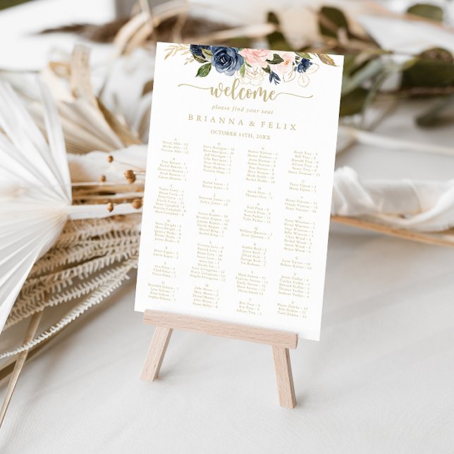 Navy Blush Floral Gold Alphabetical Seating Chart (Creator Uploaded)