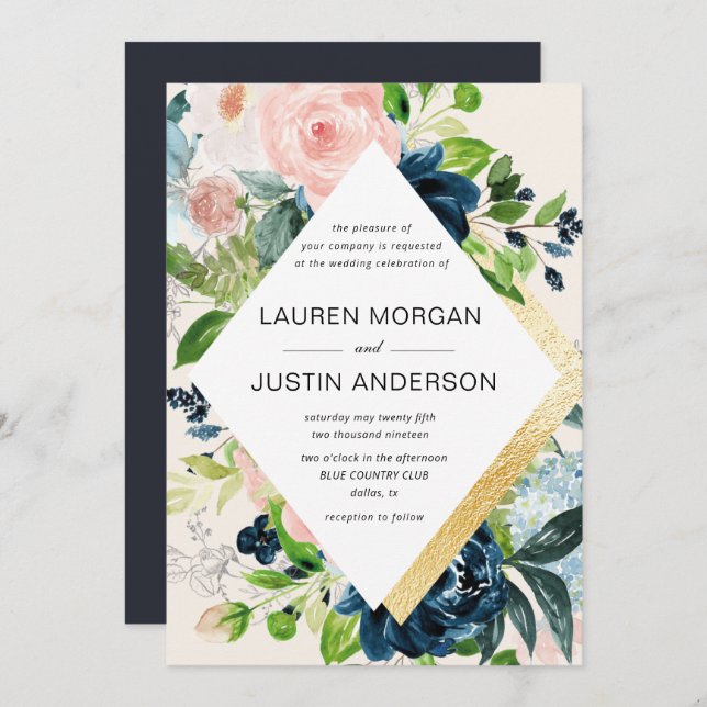 navy blush floral gold border wedding invitation (Front/Back)
