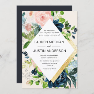 navy blush floral gold border wedding invitation