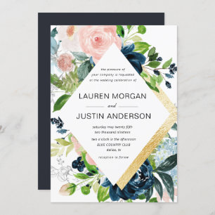 navy blush floral gold border wedding invitation