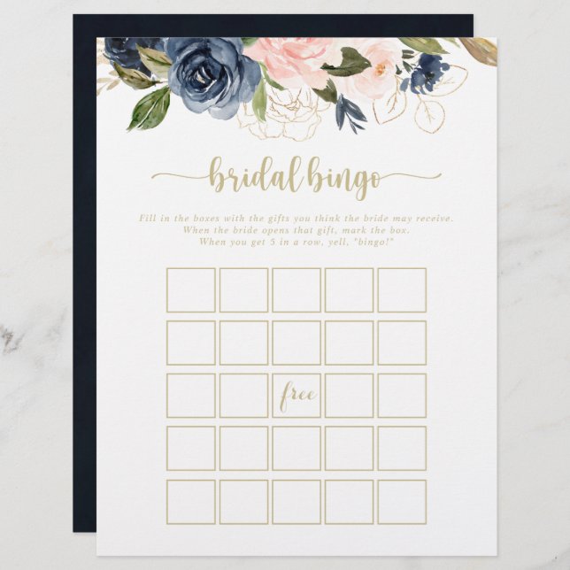 Navy Blush Floral Gold Bridal Bingo Game (Front/Back)