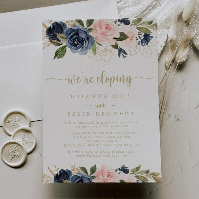 Navy Blush Floral Gold Elopement Reception  Invitation (Creator Uploaded)