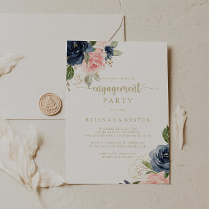 Navy Blush Floral Gold Engagement Party  Invitation
