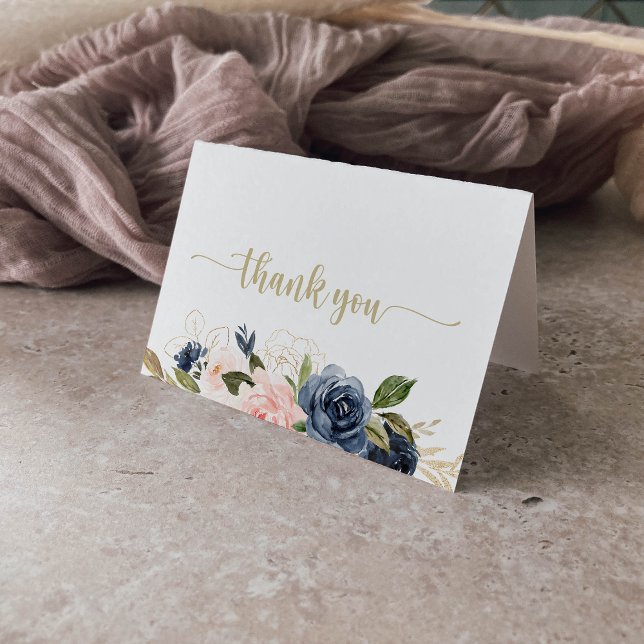Navy Blush Floral Gold Folded Wedding  Thank You Card (Creator Uploaded)