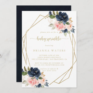 Navy Blush Floral Gold Geometric Baby Sprinkle  Invitation
