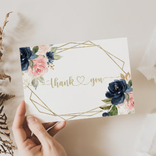 Navy Blush Floral Gold Geometric Flat Wedding  Thank You Card
