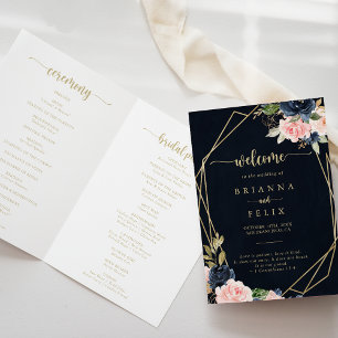 Navy Blush Floral Gold Geometric Folded Wedding  Program