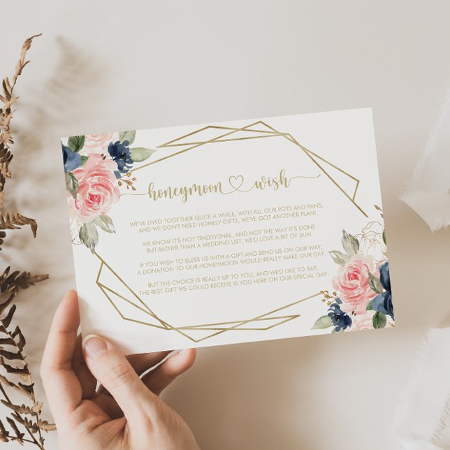 Navy Blush Floral Gold Geometric Honeymoon Wish  Enclosure Card (Creator Uploaded)
