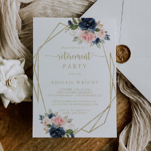 Navy Blush Floral Gold Geometric Retirement Party  Invitation