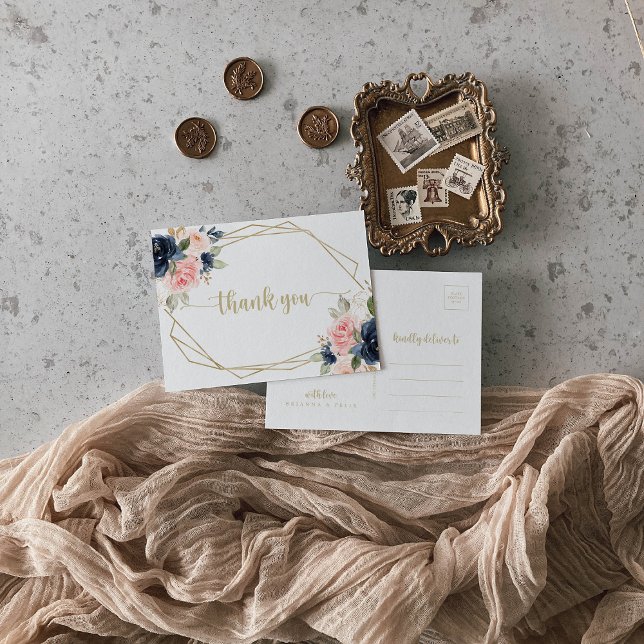 Navy Blush Floral Gold Geometric Thank You  Postcard (Creator Uploaded)