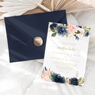 Navy Blush Floral Gold Nuestra Boda Wedding Invitation