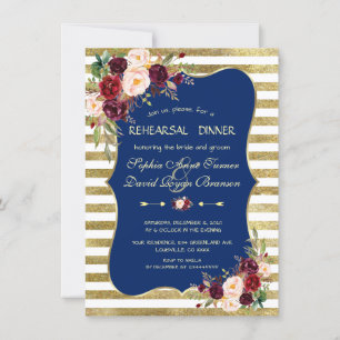 Navy Blush Floral Gold Stripes Rehearsal Dinner Invitation
