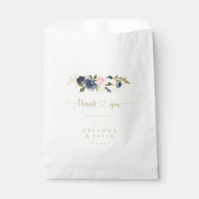 Navy Blush Floral Gold Thank You Wedding   Favour Bag (Front)