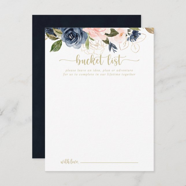 Navy Blush Floral Gold Wedding Bucket List Cards (Front/Back)