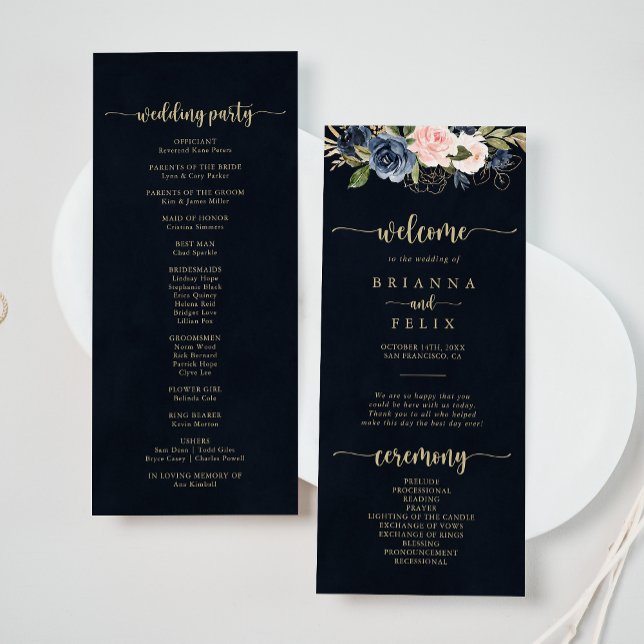 Navy Blush Floral Gold Wedding Program (Creator Uploaded)