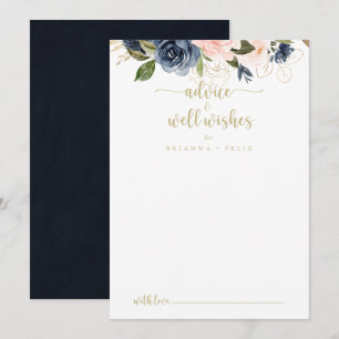 Navy Blush Floral Gold Wedding Well Wishes  Advice Card