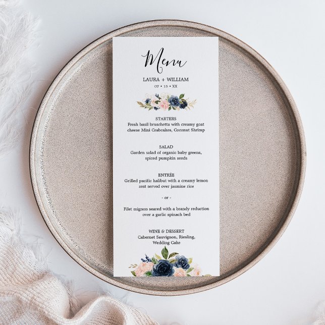 Navy Blush Floral Golden Leaves Wedding Menu (Navy Blush Floral Golden Leaves Wedding Menu)