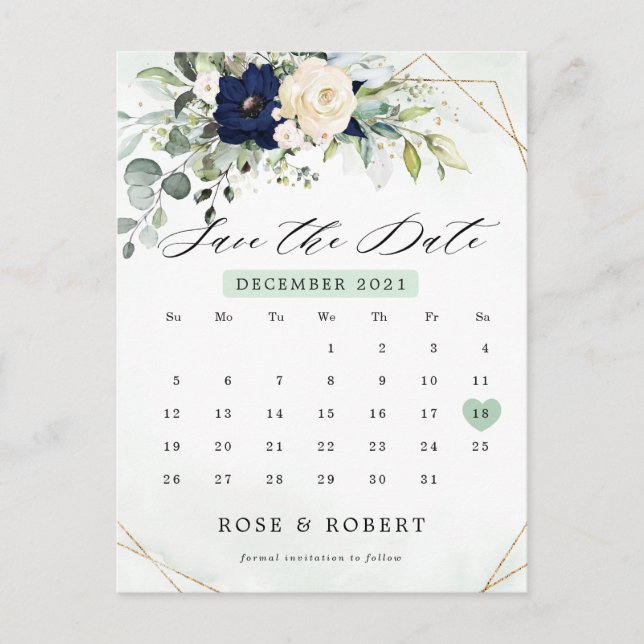 Navy Blush Floral Greenery Calendar Save the Date  Postcard (Front)