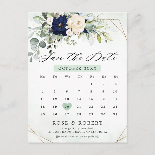 Navy Blush Floral Greenery Geometric Save the date Announcement Postcard (Front)