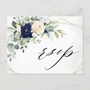Navy Blush Floral Greenery Geometric Wedding RSVP Postcard