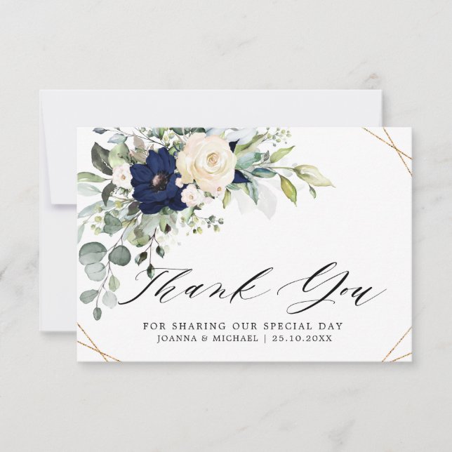 Navy Blush Floral Greenery Geometric Wedding Thank You Card (Front)