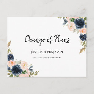 Navy Blush Floral Greenery Leaves Change of Plans Postcard