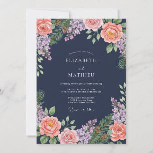 Navy Blush Floral Laurel Wedding Invitation