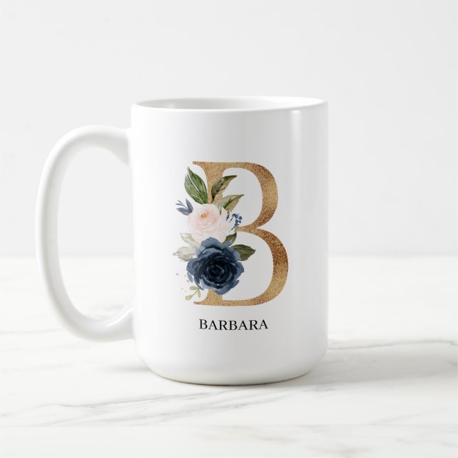 Navy Blush Floral Monogram Letter "B" Personalized Coffee Mug (Left)
