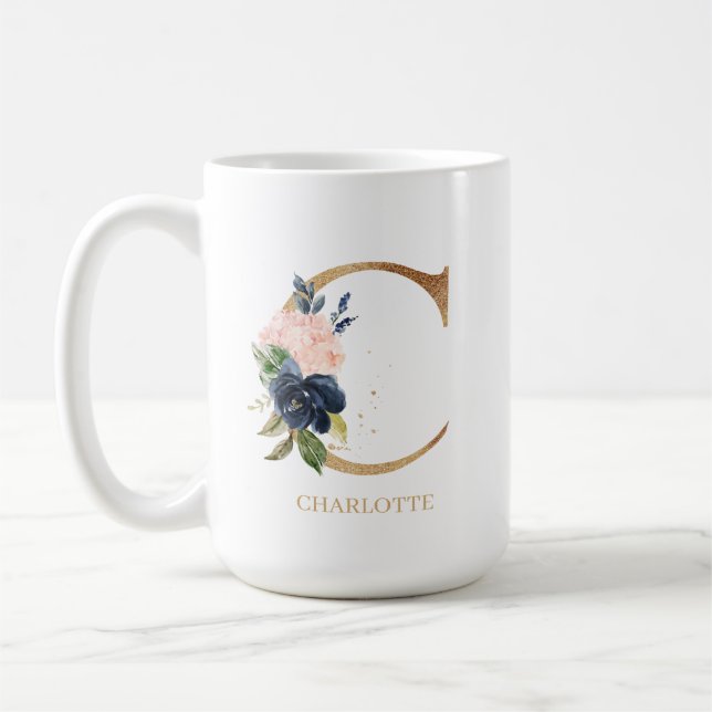 Navy Blush Floral Monogram Letter "C" Personalized Coffee Mug (Left)