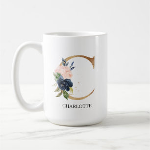 Navy Blush Floral Monogram Letter "C" Personalized Coffee Mug