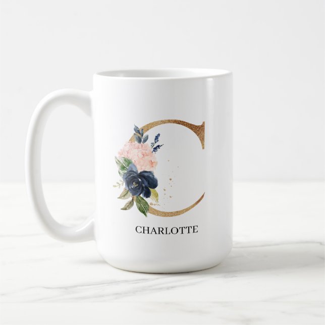 Navy Blush Floral Monogram Letter "C" Personalized Coffee Mug (Left)