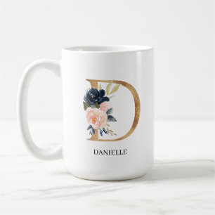 Navy Blush Floral Monogram Letter "D" Personalized Coffee Mug