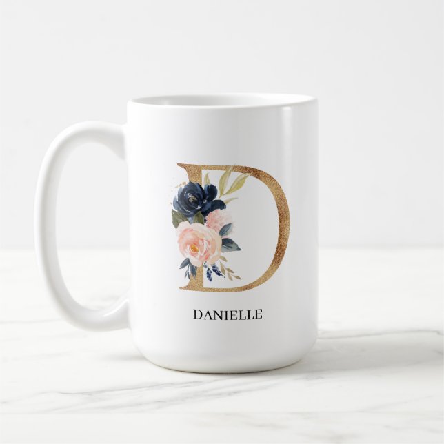 Navy Blush Floral Monogram Letter "D" Personalized Coffee Mug (Left)