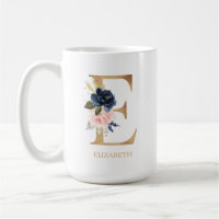 Navy Blush Floral Monogram Letter "E" Personalized