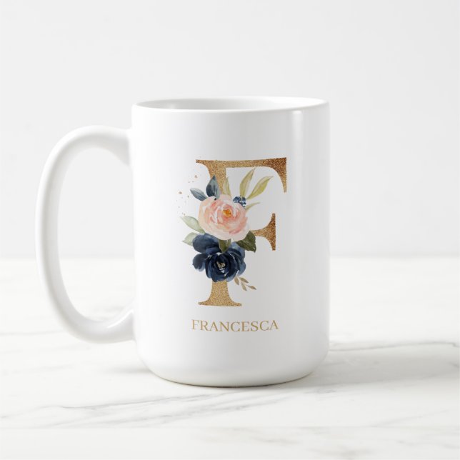 Navy Blush Floral Monogram Letter "F" Personalized Coffee Mug (Left)