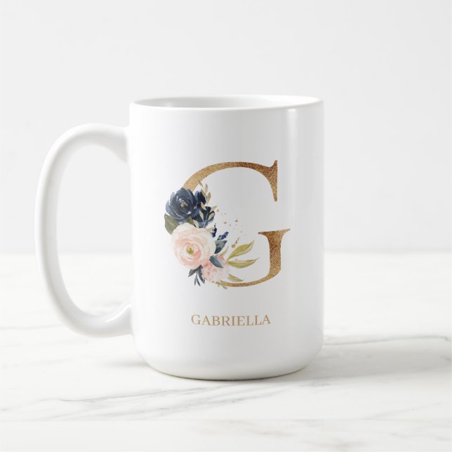 Navy Blush Floral Monogram Letter "G" Personalized Coffee Mug (Left)