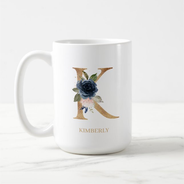 Navy Blush Floral Monogram Letter "K" Personalized Coffee Mug (Left)