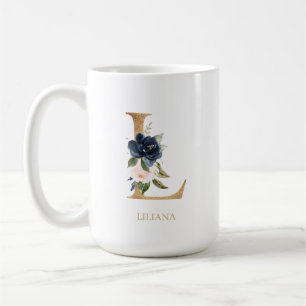 Navy Blush Floral Monogram Letter "L" Personalized Coffee Mug