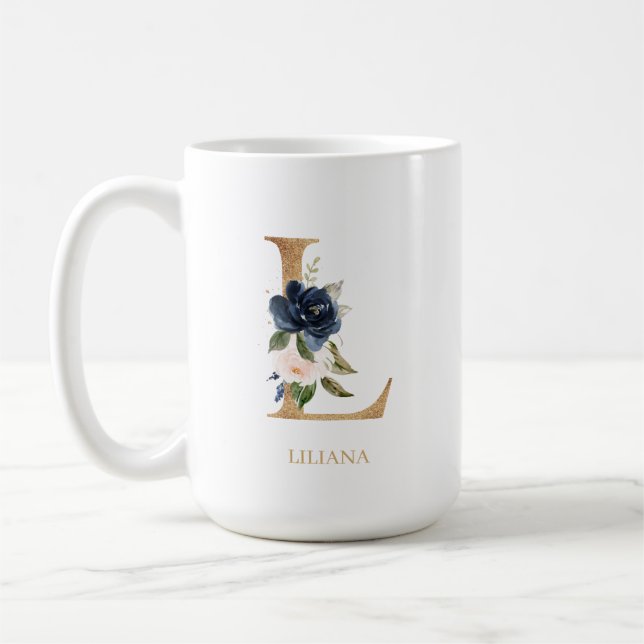 Navy Blush Floral Monogram Letter "L" Personalized Coffee Mug (Left)