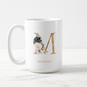 Navy Blush Floral Monogram Letter "M" Personalized Coffee Mug