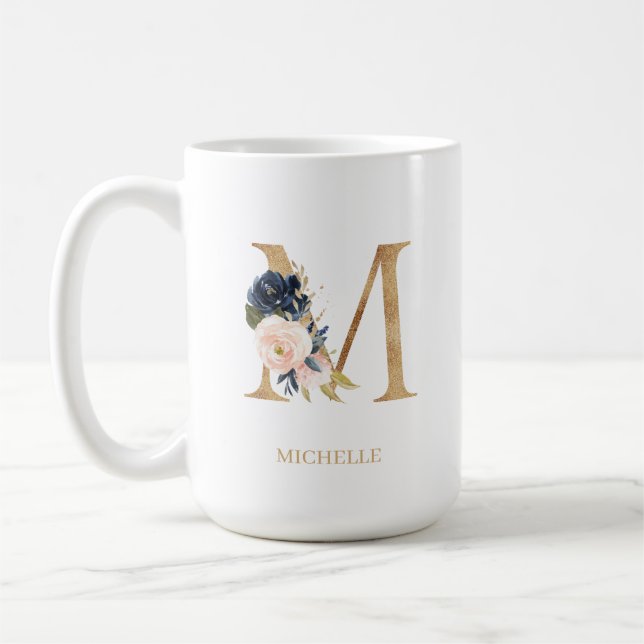 Navy Blush Floral Monogram Letter "M" Personalized Coffee Mug (Left)
