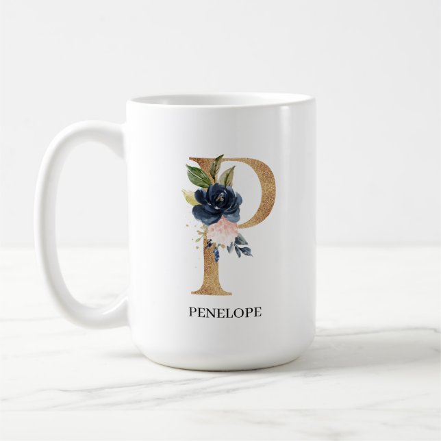 Navy Blush Floral Monogram Letter "P" Personalized Coffee Mug (Left)