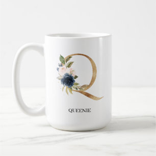 Navy Blush Floral Monogram Letter "Q" Personalized Coffee Mug