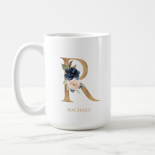 Navy Blush Floral Monogram Letter "R" Personalized Coffee Mug (Left)