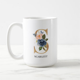 Navy Blush Floral Monogram Letter "S" Personalized Coffee Mug