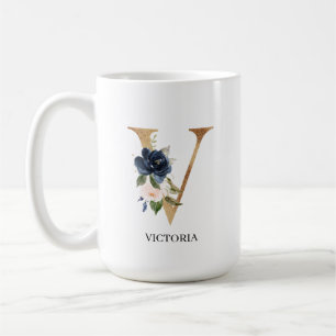 Navy Blush Floral Monogram Letter "V" Personalized Coffee Mug